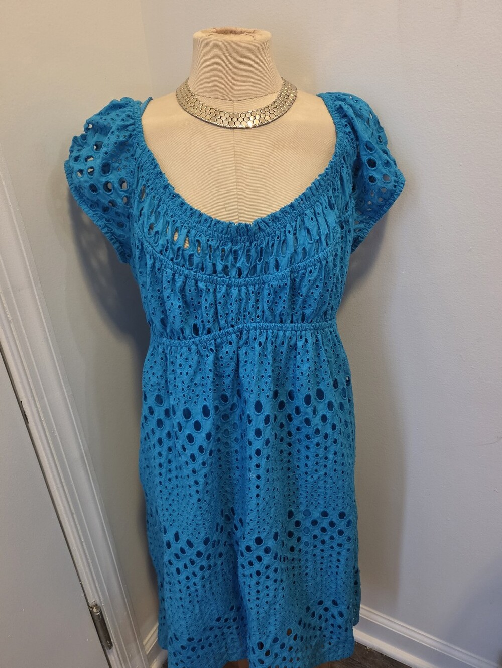 Boston Proper Turquoise Eyelet Babydoll Style Mini Dress